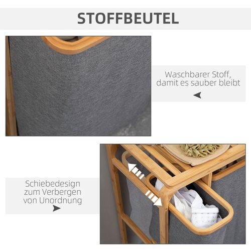 Panier à Linge En Bambou Avec 3 Sacs Amovibles, Tri Des Vêtements, Gris Et Naturel
