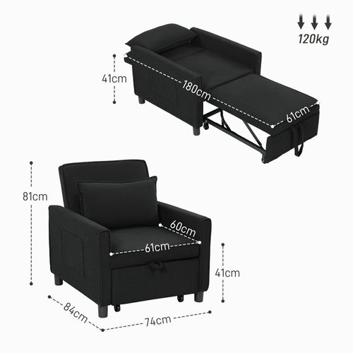 Fauteuil-lit 3-en-1 En Cord Avec Coussin Lombaire, Pliable, Roulettes, Sac Latéral, Noir