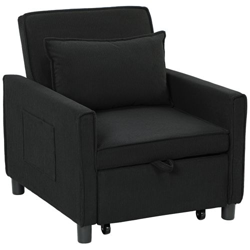 Fauteuil-lit 3-en-1 En Cord Avec Coussin Lombaire, Pliable, Roulettes, Sac Latéral, Noir