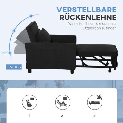 Fauteuil-lit 3-en-1 En Cord Avec Coussin Lombaire, Pliable, Roulettes, Sac Latéral, Noir