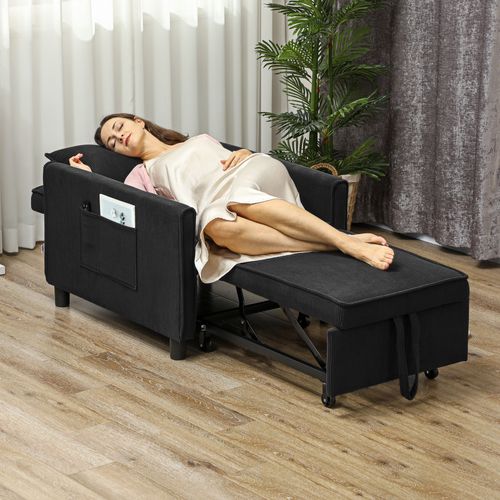 Fauteuil-lit 3-en-1 En Cord Avec Coussin Lombaire, Pliable, Roulettes, Sac Latéral, Noir