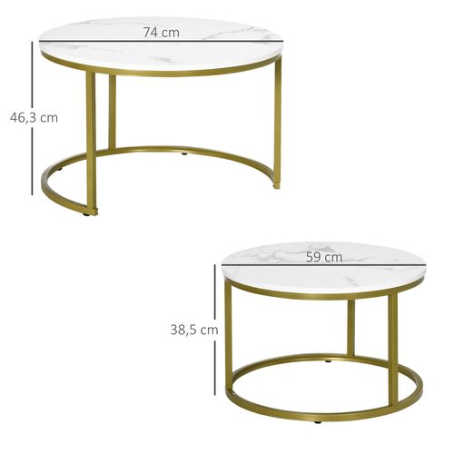 Tables Rondes Empilables 2 pcs, Cadre Doré , Effet Marbre Blanc, 30 kg Max, Salon