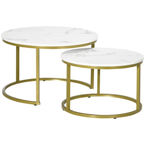 Tables Rondes Empilables 2 pcs, Cadre Doré , Effet Marbre Blanc, 30 kg Max, Salon