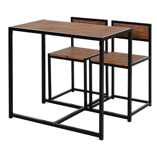 Ensemble Repas Métal Bois Naturel 3 Pièces Table Avec 2 Chaises, Idéal Petits Espaces