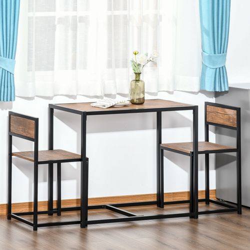 Ensemble Repas Métal Bois Naturel 3 Pièces Table Avec 2 Chaises, Idéal Petits Espaces