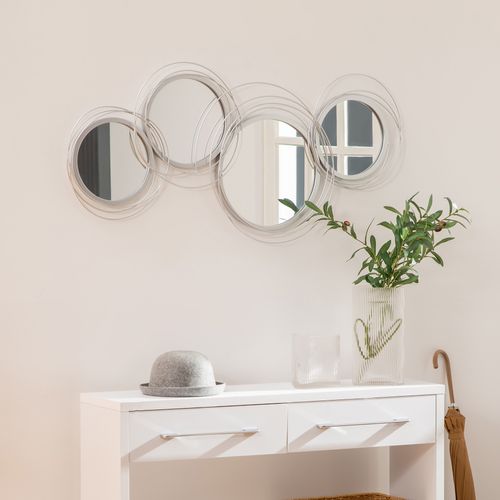 Set De 3 Miroirs En Métal Argenté, Décoration Murale Avec 4 Miroirs Ronds, Oeuvre Murale