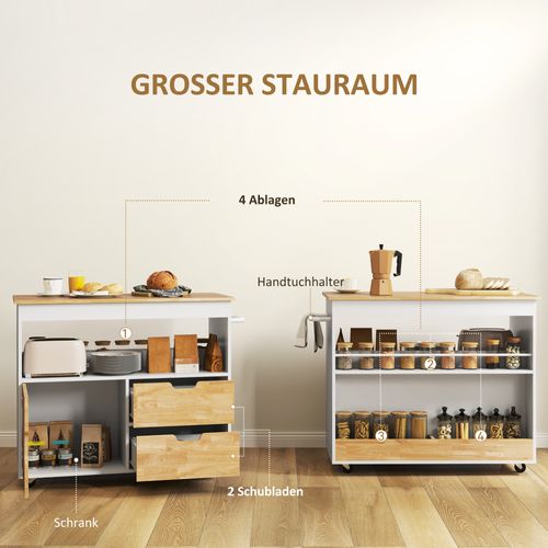 Îlot De Cuisine Chêne 107x50x85cm Avec Plan De Travail, Tiroirs, Étagère Ouverte, Roulettes