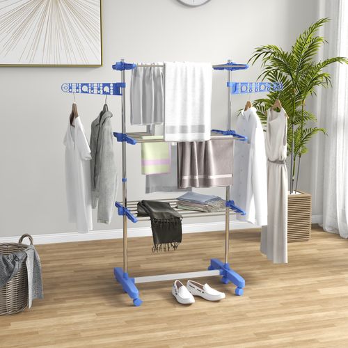 Sèche-linge à Trois Niveaux En Acier Pliable Avec Ailes Latérales, Bleu