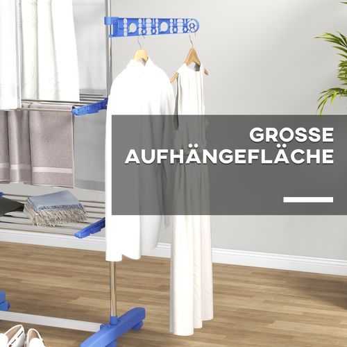 Sèche-linge à Trois Niveaux En Acier Pliable Avec Ailes Latérales, Bleu
