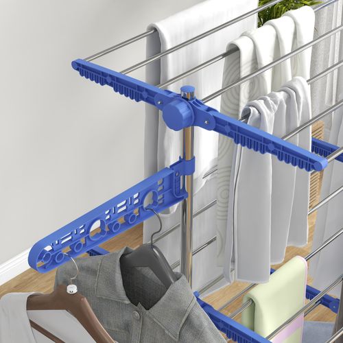 Sèche-linge à Trois Niveaux En Acier Pliable Avec Ailes Latérales, Bleu
