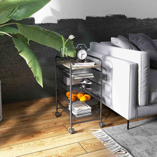 Chariot à 4 Paniers En Acier Sur Roulettes, Étagère De Rangement, Noir