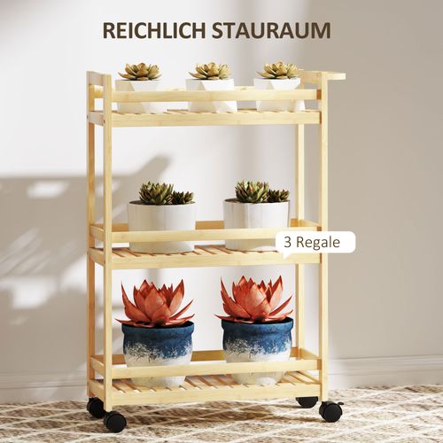 Chariot 3 Niveaux En Bambou Avec Roulettes, Poignée, Pour Cuisine Et Bureau, Nature
