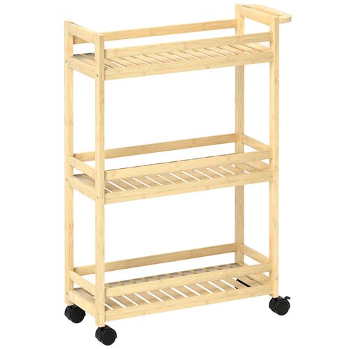Chariot 3 Niveaux En Bambou Avec Roulettes, Poignée, Pour Cuisine Et Bureau, Nature