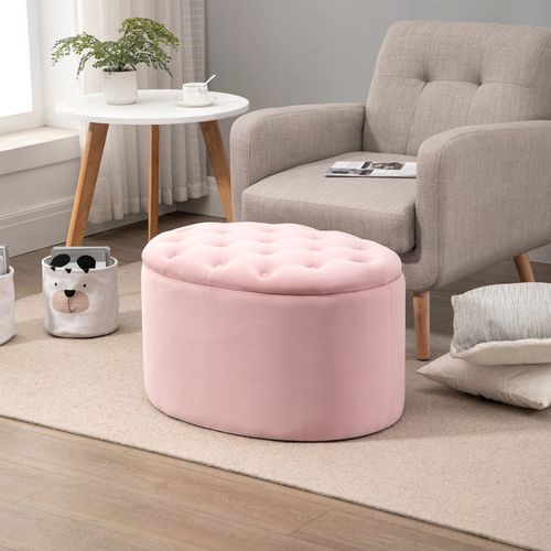 Banc Ovale Coffre Velours Polyester Bois De Caoutchouc Pour Salon, 71x52x42 Cm, Rose