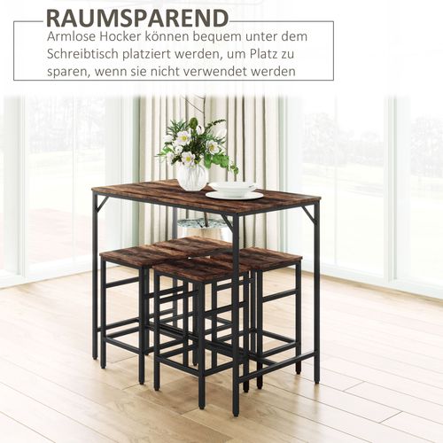 Table Haute 5 Pièces Panneaux Bois Acier Avec 4 Tabourets 100x60x88 Cm, Brun Noir