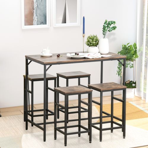 Table Haute 5 Pièces Panneaux Bois Acier Avec 4 Tabourets 100x60x88 Cm, Brun Noir