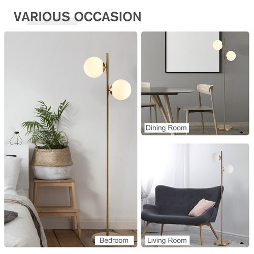 Lampadaire 2 Pièces En Acier Et Verre, Design Moderne, 165 Cm, Or Et Blanc