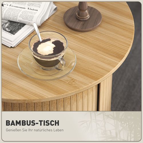 Table Basse Ronde En Bambou Ø60×45 cm Avec Rangement Caché, Porte Coulissante, Style Moderne