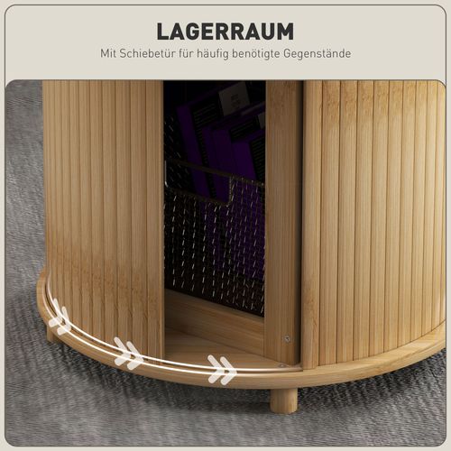 Table Basse Ronde En Bambou Ø60×45 cm Avec Rangement Caché, Porte Coulissante, Style Moderne
