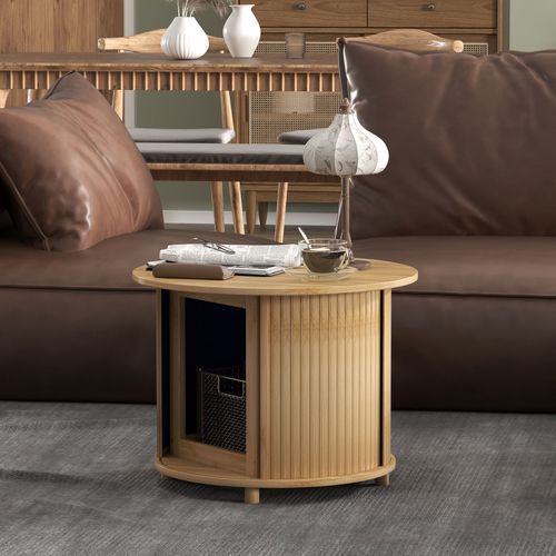 Table Basse Ronde En Bambou Ø60×45 cm Avec Rangement Caché, Porte Coulissante, Style Moderne