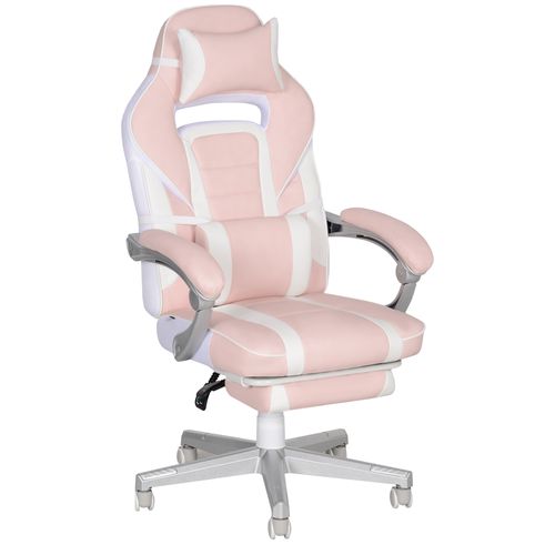 Chaise Gaming En Simili Cuir, Repose-pieds, Coussins, Dossier Inclinable, Rose