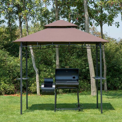 Pavillon De Barbecue Avec Toit Double, Ignifuge, 245x148x252cm, Pour Jardin, ,marron Et Noir