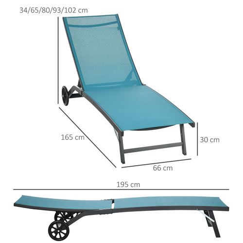 Chaise Longue En Aluminium Et Polyester Réglable Avec Roues, Bleu