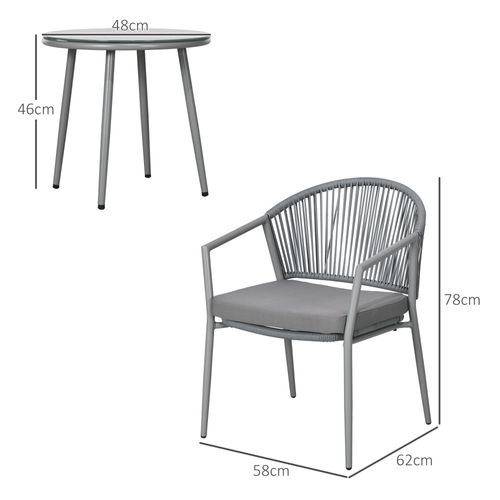 Salon De Jardin 3 Pièces, 2 Fauteuils + Table Basse, Cadre Acier Gris, Pour Terrasse Ou Balcon