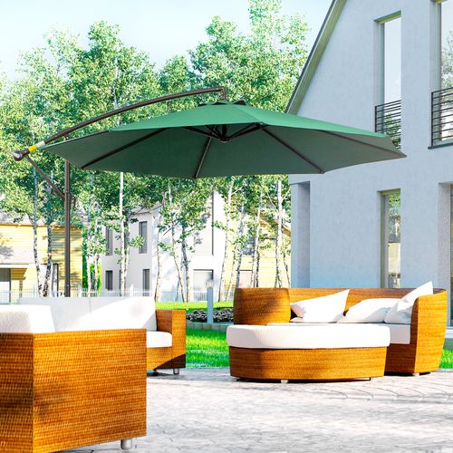 Parasol Déporté 2,95x2,45m, Manivelle, Acier Et Polyester, Vert, Idéal Pour Jardin Et Terrasse