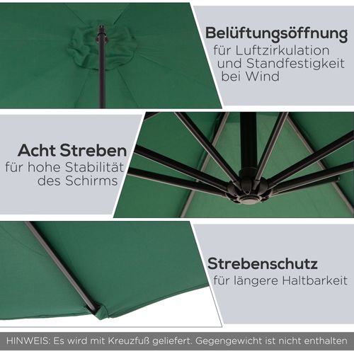 Parasol Déporté 2,95x2,45m, Manivelle, Acier Et Polyester, Vert, Idéal Pour Jardin Et Terrasse