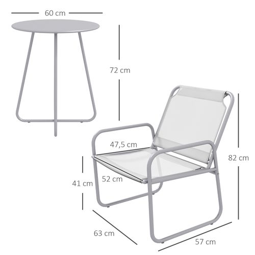 Ensemble Bistro 3 Pièces Mobilier De Balcon Mesh Léger Gris, 1 Table 2 Chaises, Salon De Jardin