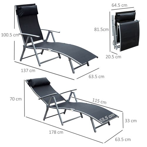 Chaise Longue Pliable Métal Et Tissu Confort Avec Coussin Pour Jardin Et Plage, Noir
