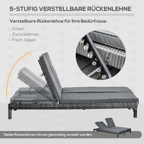 Transat En Polyrattan Pour 2 Personnes, Métal Et Rattan Pe, Dossier 5 Positions, 196x120x28cm