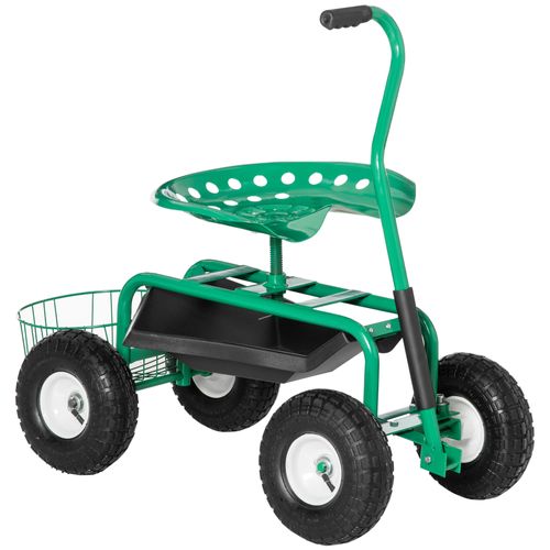 Chariot De Jardin, Siège Rotatif Avec Panier, Ajustable, Capacité 150 Kg, Vert, 81x44,5x46-59 Cm