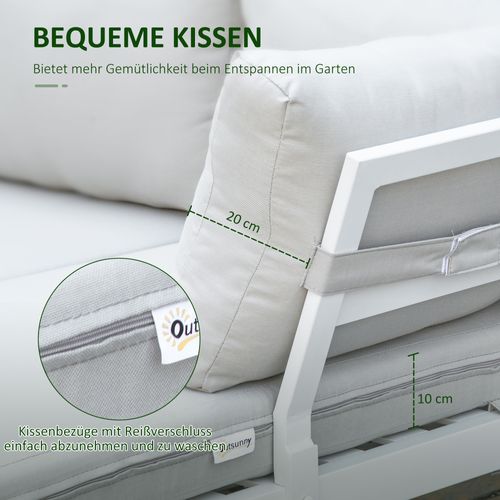 Salon De Jardin Aluminium 3 Pièces Canapé En L, Table, Coussins, Extérieur , Blanc Crème