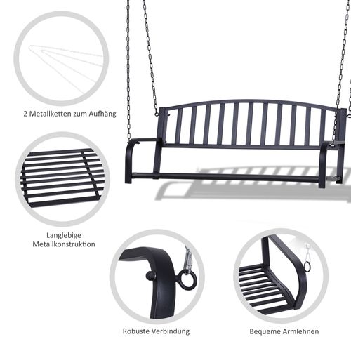 Banc Suspendu En Métal 2 Places Noir, Idéal Pour Jardin Et Terrasse, 127 X 60 X 53 Cm