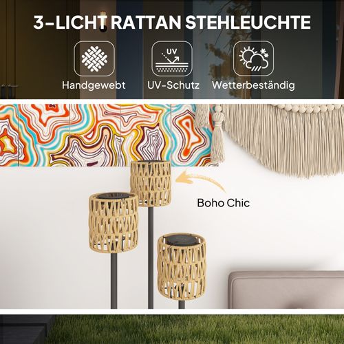 Lampadaire Solaire En Rotin Avec Capteur Et Étagères 3 Niveaux Ip44, Boho ,ø37x144h Cm