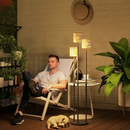 Lampadaire Solaire En Rotin Avec Capteur Et Étagères 3 Niveaux Ip44, Boho ,ø37x144h Cm