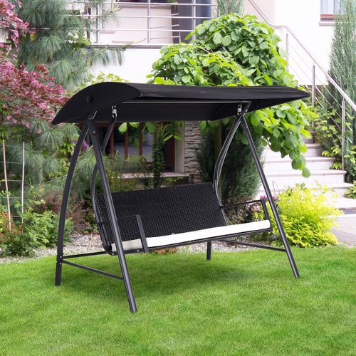 Balançoire De Jardin 3 Places En Métal Et Polyrattan Avec Toit, Noir 198x124x179 Cm