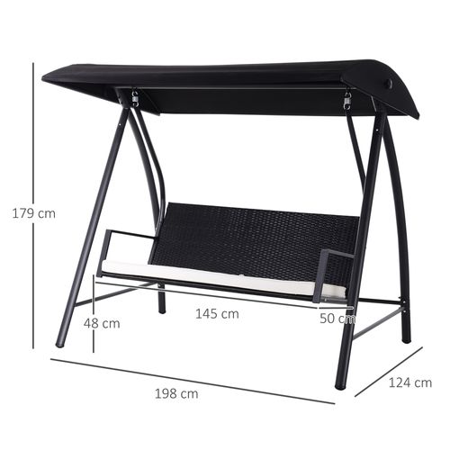 Balançoire De Jardin 3 Places En Métal Et Polyrattan Avec Toit, Noir 198x124x179 Cm