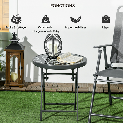 Table pliante d’appoint avec plateau en verre 45x45x50 cm, noire, pour jardin et camping