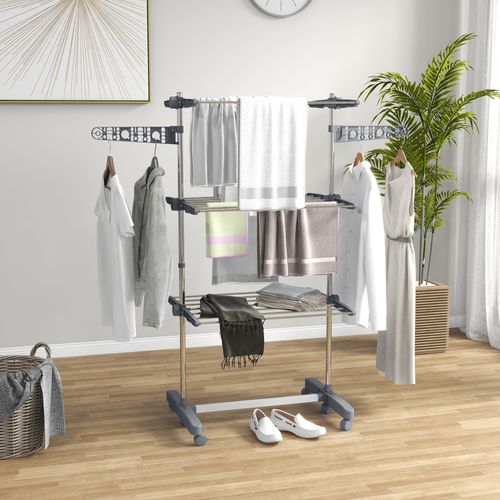 Sèche-linge Tour Acier Pliable Avec Roulettes 3 Niveaux Ailes Latérales, Gris