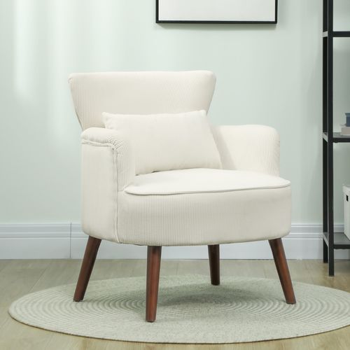 Fauteuil Lounge En Tissu Côtelé, Dossier, Accoudoirs Arrondis, Rembourré, Pieds Bois, Crème