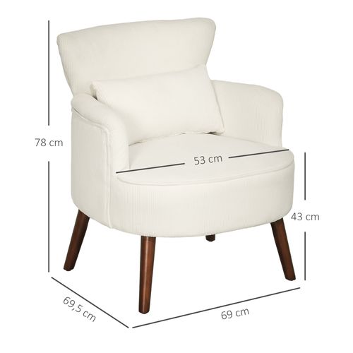 Fauteuil Lounge En Tissu Côtelé, Dossier, Accoudoirs Arrondis, Rembourré, Pieds Bois, Crème