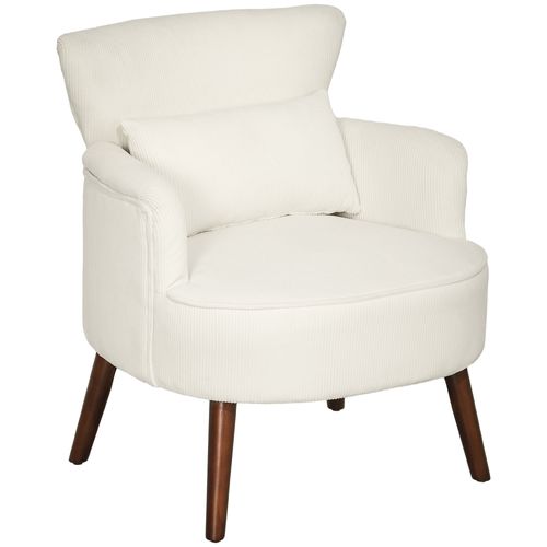 Fauteuil Lounge En Tissu Côtelé, Dossier, Accoudoirs Arrondis, Rembourré, Pieds Bois, Crème