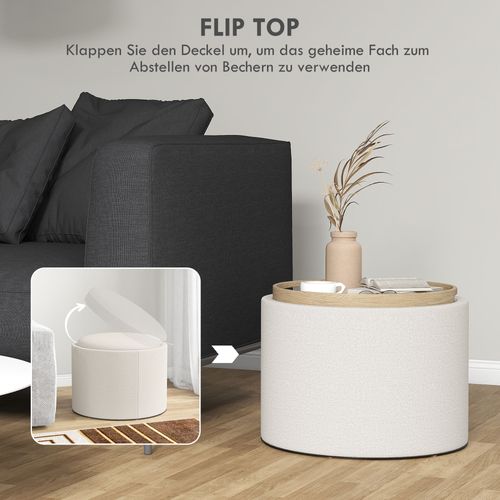Pouf Rond En Lin Avec Espace De Rangement Et Couvercle Rabattable, Crème, Ø56 X 42 Cm