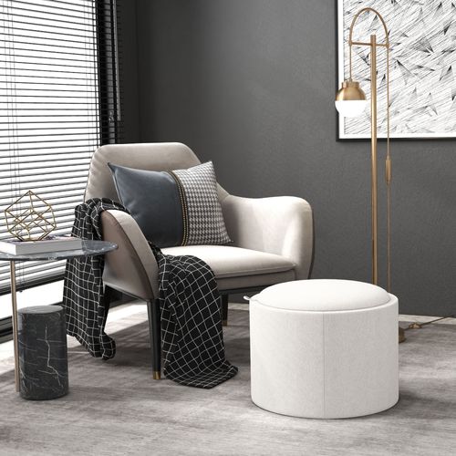 Pouf Rond En Lin Avec Espace De Rangement Et Couvercle Rabattable, Crème, Ø56 X 42 Cm