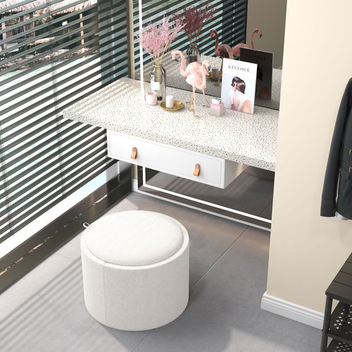 Pouf Rond En Lin Avec Espace De Rangement Et Couvercle Rabattable, Crème, Ø56 X 42 Cm