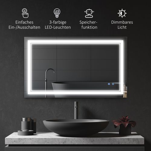 Miroir LED 100 X 60 Cm, Étanche Ip44, Interrupteur Tactile, 3 Couleurs De Lumière