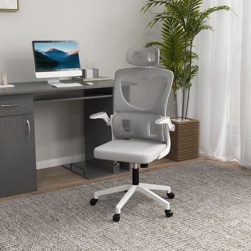 Chaise De Bureau En Maille, Ergonomique, Appui-tête, Accoudoirs, Bascule, Gris